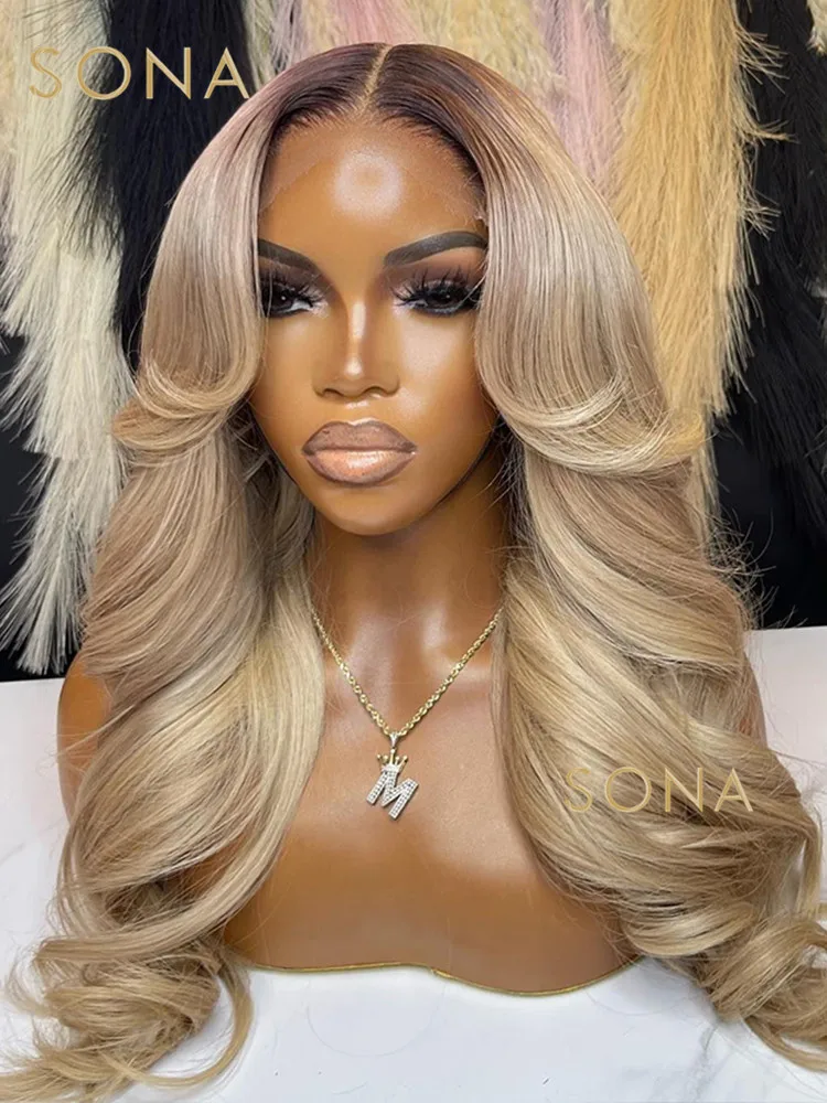 Perruque Lace Front Wig naturelle avec racines foncées, cheveux humains, blond miel ombré, 13x6, 13 tage