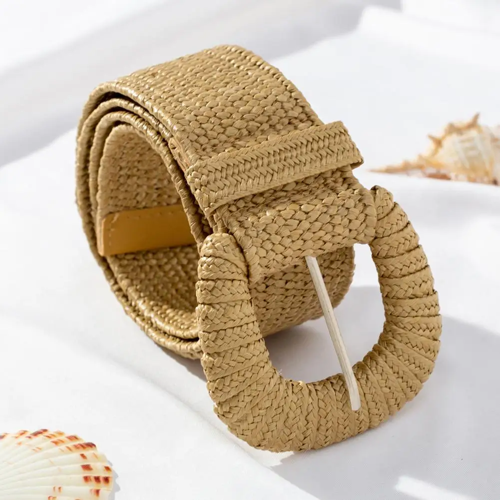 

Europe Style Elastic Wide Belt Women's All-match Hand-woven Dress Belt Camel Color Girdle Linen Woven PP Straw Belt Beach Style