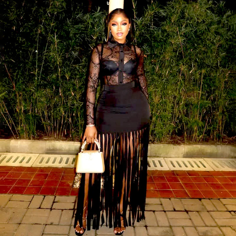 

Кружевная рубашка Топы Платье с кисточками Комплекты юбок из двух предметов 2025 Женское осенне-зимнее сексуальное роскошное платье Элегантный комплект из 2 предметов Женский наряд