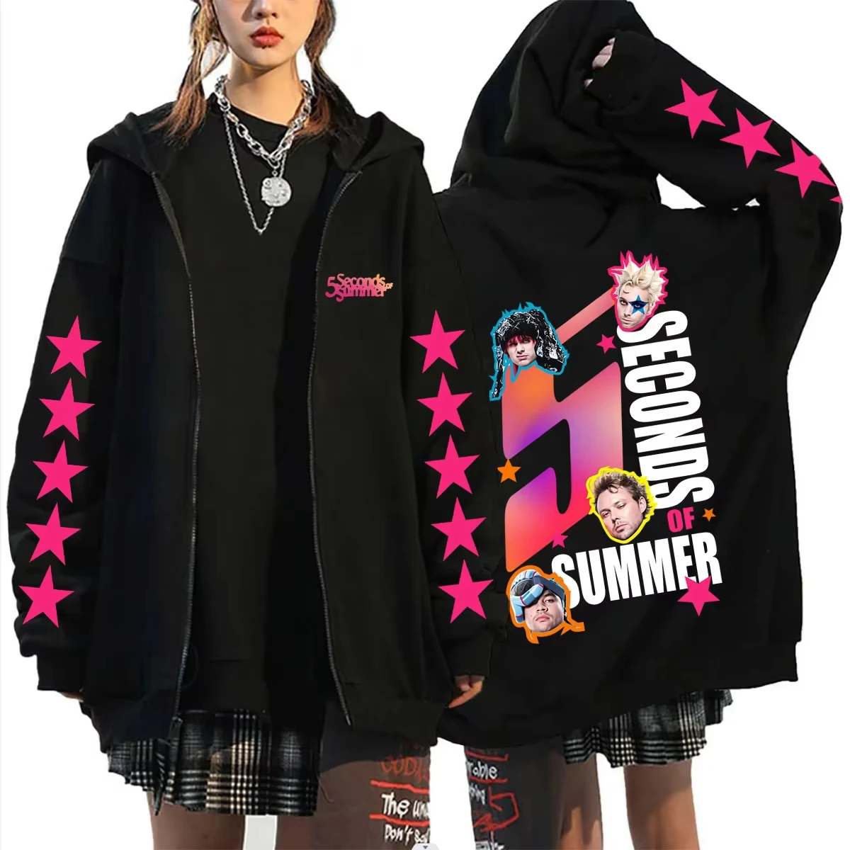 2026 5 Seconds of Summer Everyone's A Star Merch Zipper Hoodie, Retro Punk Gothic Graphic, Rock Band Zip Up Sweatshirt Jacket
