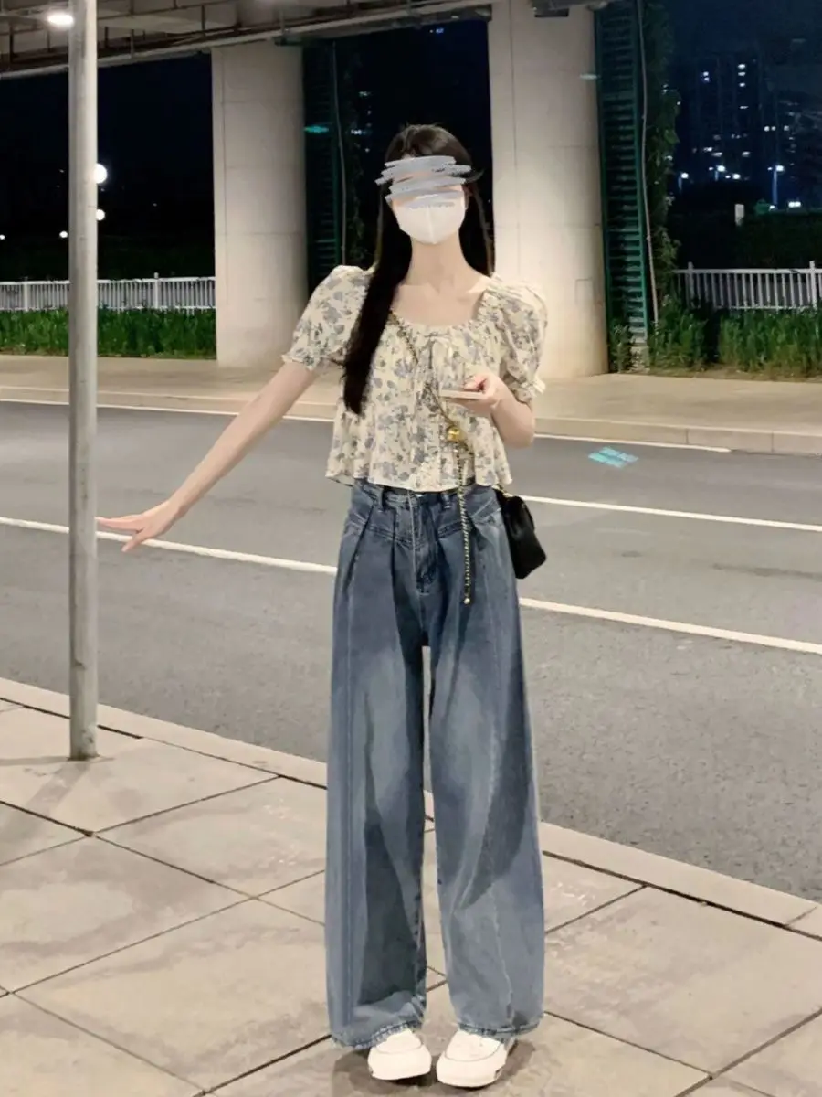 New Niche and Unique Square Collar Floral Shirt Fashionable Short Puff Sleeves Small Top