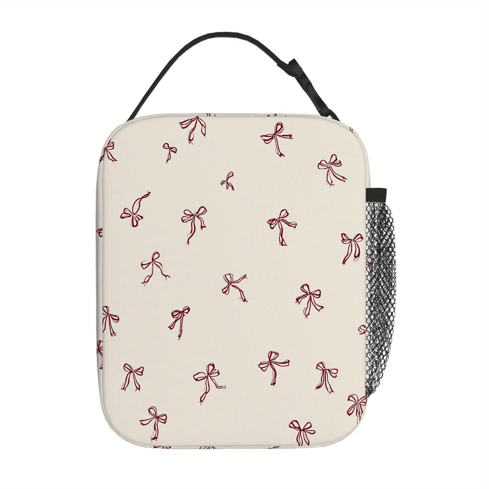 1pc a Thermal Bag Featuring Red Bows on a Cream Backdrop. This Insulated Bag Is Not Intended for Direct Food Contact And Is Idea