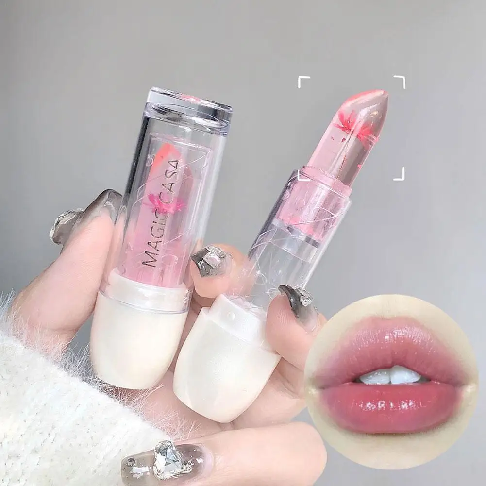 Lápiz labial transparente con flor seca, bálsamo labial que cambia de Color con la temperatura de cristal, hidratante, maquillaje para el cuidado de los labios