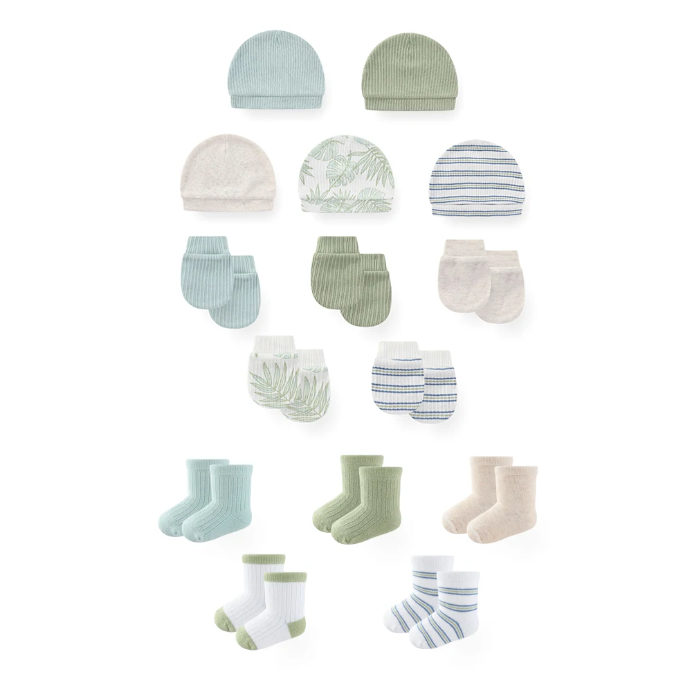15Pcs 0-1Y Unisex Baby Accessory Set Dopamine Bright Color Mix All Season Soft Cotton Hats Gloves Socks Booties Set
