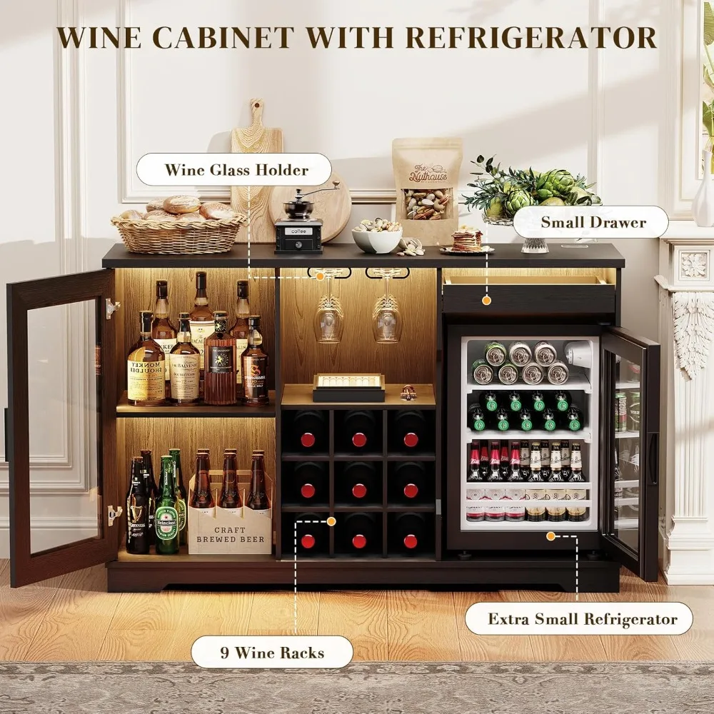Wine Bar Cabinet with Fridge (Included), Liquor Coffee Cabinet with LED Lights & Rack, Mini Fridge Cabinet with Storage, Human