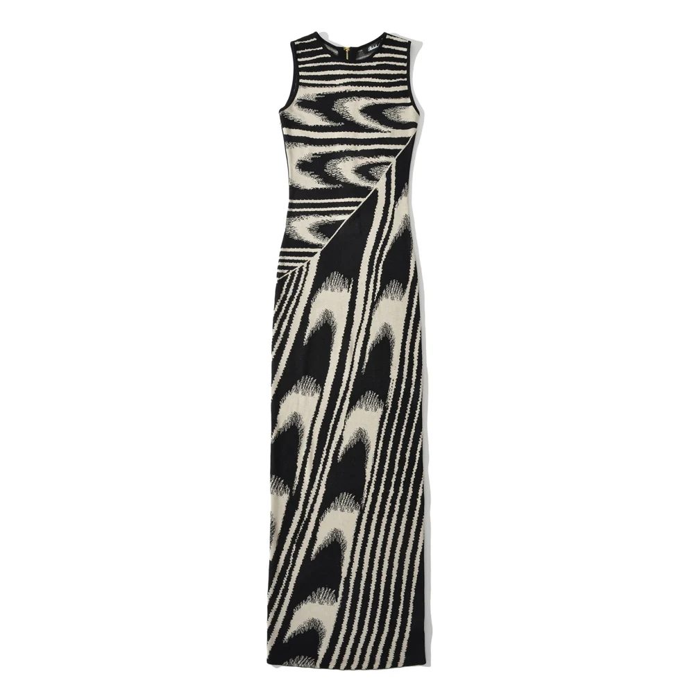 Summer Chic Abstract Knitted Long Dress Women O-neck Sleeveless Stretchable Slim Maxi Dresses