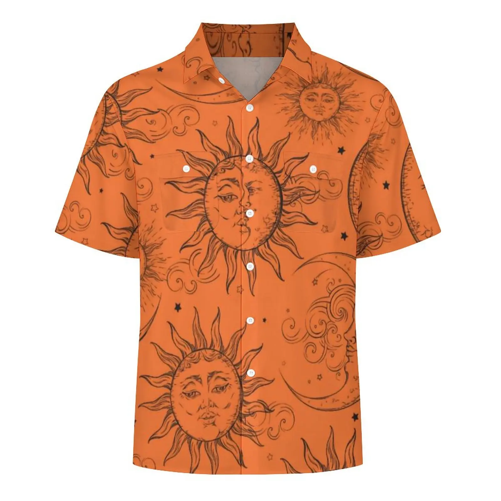 Vintage Sun Moon Stars Hawaiian Shirt Men Beach Orange Magic Celestial Casual Shirts Short Sleeve Fashion Cool Plus Size Blouses