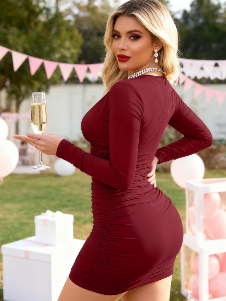 春の新作ファッション、Vネックセクシーでスリムフィットな女性用パーティードレス、秋のエレガントでシックな無地のミニ丈プロムドレス、長袖