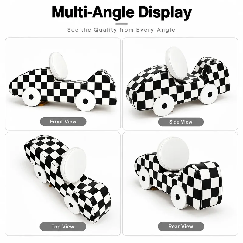 Custom Black White Checkerboard Kids Soft Play Car Foam Ride on Toy PU Leather Racing Car Seat Indoor Playground for Party Event