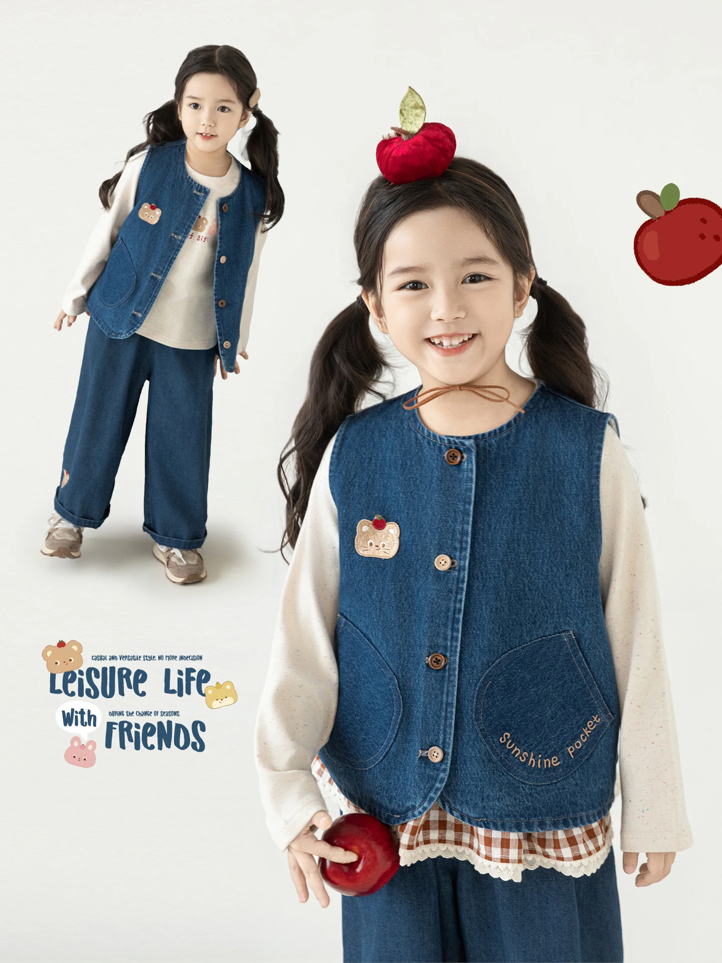 

Комплект из нескольких предметов на тему медведя для девочек, осенняя удобная футболка с рукавами реглан, мягкий джинсовый жилет для детей 1-7 лет