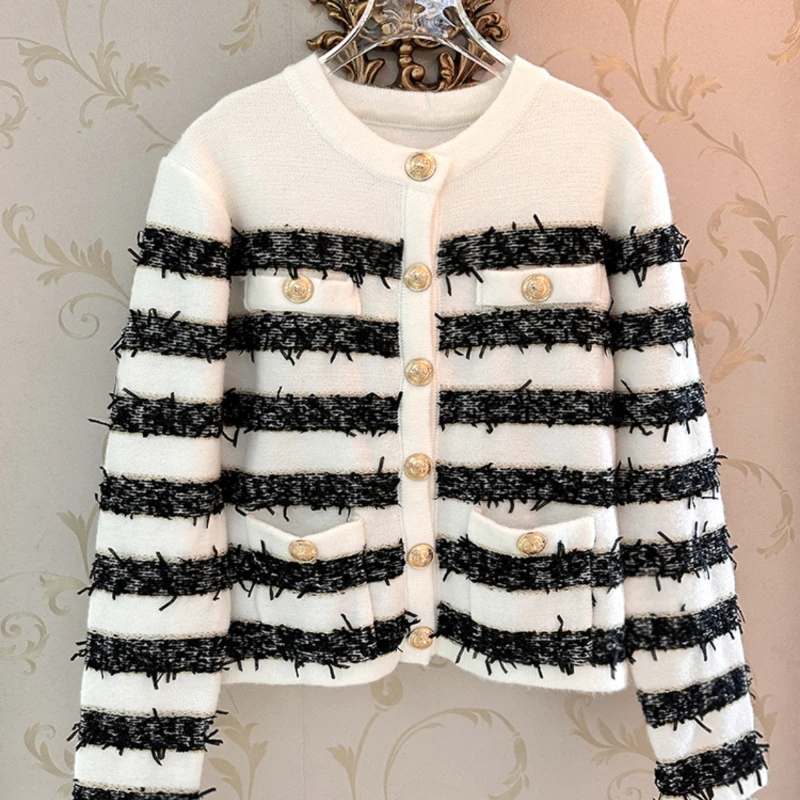 

Korean Fashion Striped Sweater Women Elegant Vintage Tassel O-neck Knitted Cardigans Para Mujer Luxury Lion Buttons Top Femme