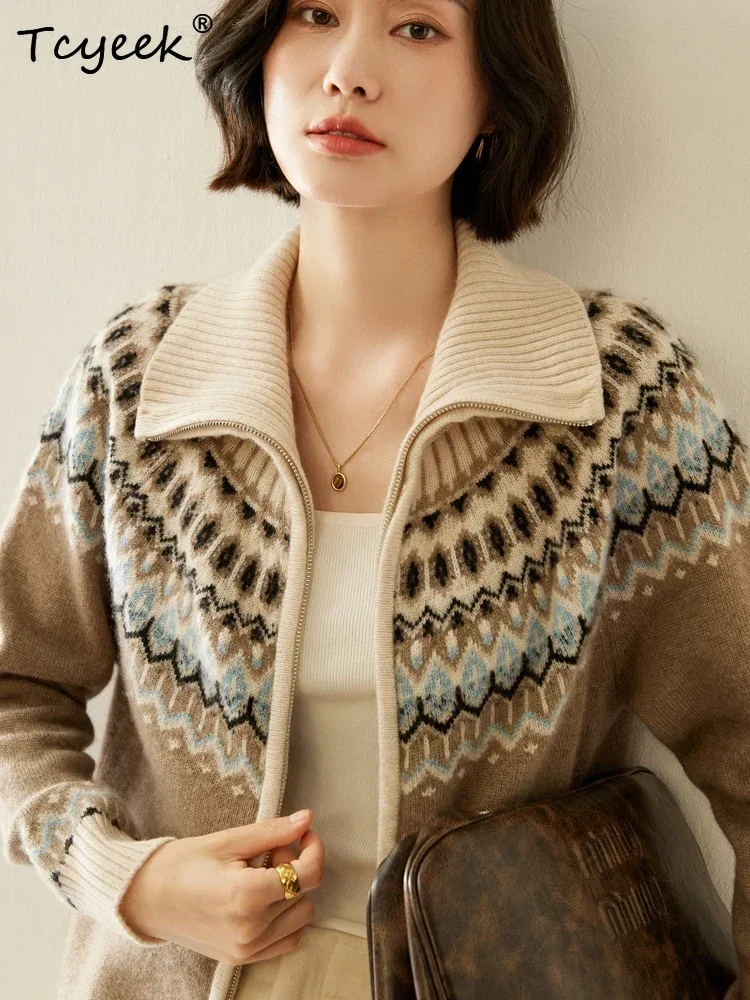 Vintage Knit Coat 100% Cashmere Sweater Cardigan Autumn Winter Women Sweater Zipper Turn-Down Collar Jacquard Thick Warm Clothes