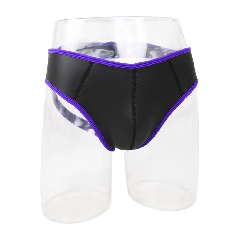 Men Sexy PU Leather Triangle Briefs, Backless Design Convex Pouch Underwear, Stylish Contrast Trim Mens BF Couple Underpants