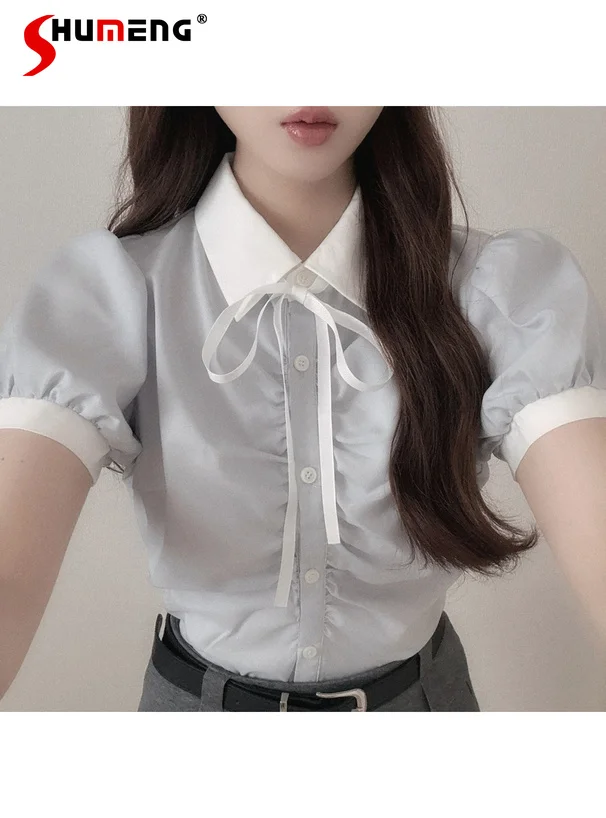 

Japanese Style Elegant Sweet Blouse Polo Collar Lace-up Bow Puff Sleeve Single-Breasted Versatile Casual Shirts Top Women Summer