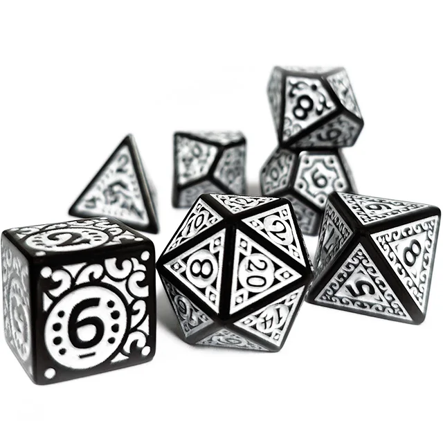 7Pcs Vintage Carved Polyhedral Dice Set, Black White Enamel Pattern Acrylic DND Dice For RPG Tabletop Role Playing Board Game