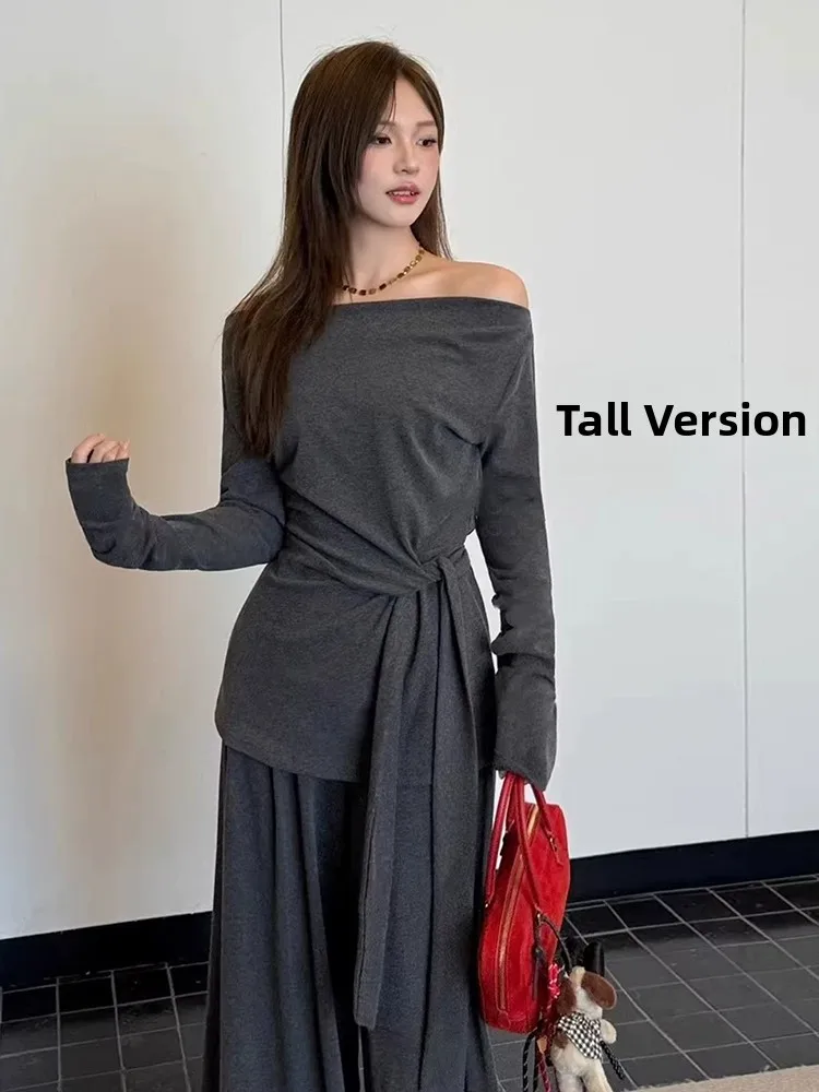 High Waist Wide Leg Pants Set Women's Spring Autumn One Shoulder Two Piece Suite Elastic Waist Loose Fit T-Shirt Style Top