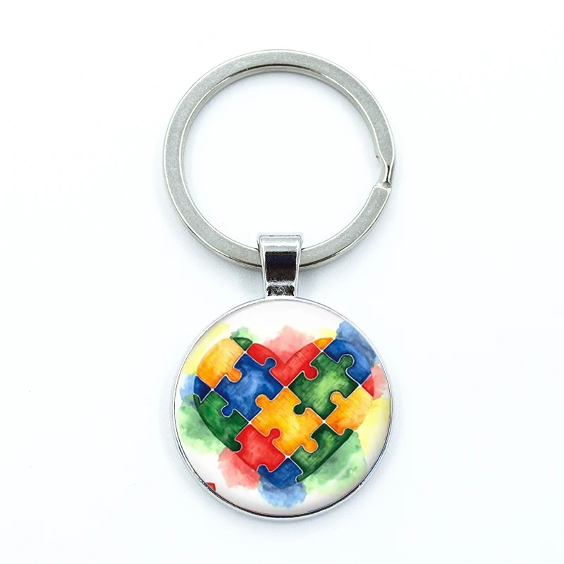 Autism Awareness Keychain Glass Cabochon KeyRing Bag Car Key Chain Ring Holder Charms Jewelry Gifts