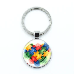 Autism Awareness Keychain Glass Cabochon KeyRing Bag Car Key Chain Ring Holder Charms Jewelry Gifts