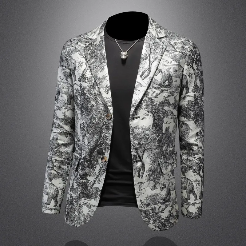 

Мужской приталенный пиджак, повседневный деловой свадебный пиджак, модный британский стиль, тренд с жаккардовым принтом