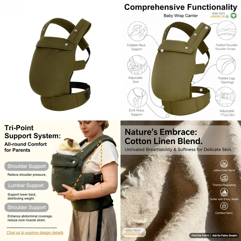 Comfortable Lightweight Baby Carrier Three Point Breathable M Position Design Tactical Linen Infant Sling