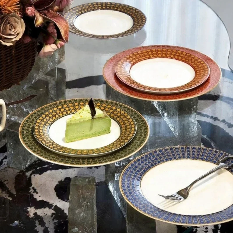 High-End Hotel Bone China Steak Flat Plate With Gold Grid Pattern 10-Inch Double Plate Gift