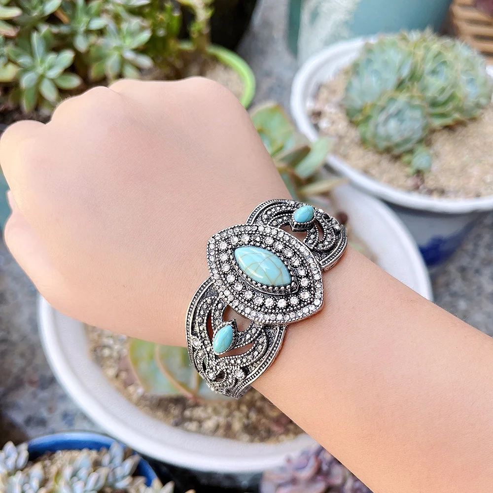 Sunspicems Vintage Natural Stone Cuff Bracelet Female Bangle Turkish Ethnic Wedding Jewelry Antique Silver Color Bohemia Bangle