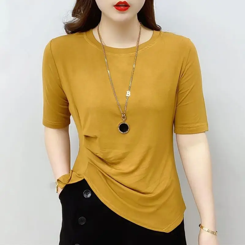 

Summer Irregular Short-sleeved T-shirt for Women New Stylish Split Design Plus-size Elegant Top Slim-fit Blouse