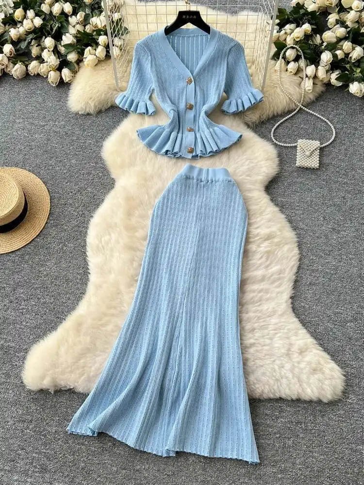 Women Vintage Two Piece Set French V-neck Lotus Leaf Knitted Top Tight Wrap Skirt Elegant Knitted Suits Female Sweater Outfits