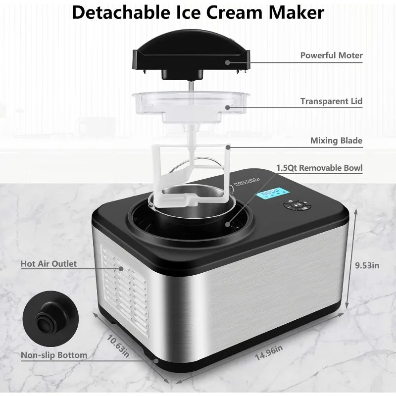 1.6-Quart Ice Cream Maker with Compressor 4 Modes Ice Cream Maker Machine with LCD Display Automatic Gelato & Yogurt Machine
