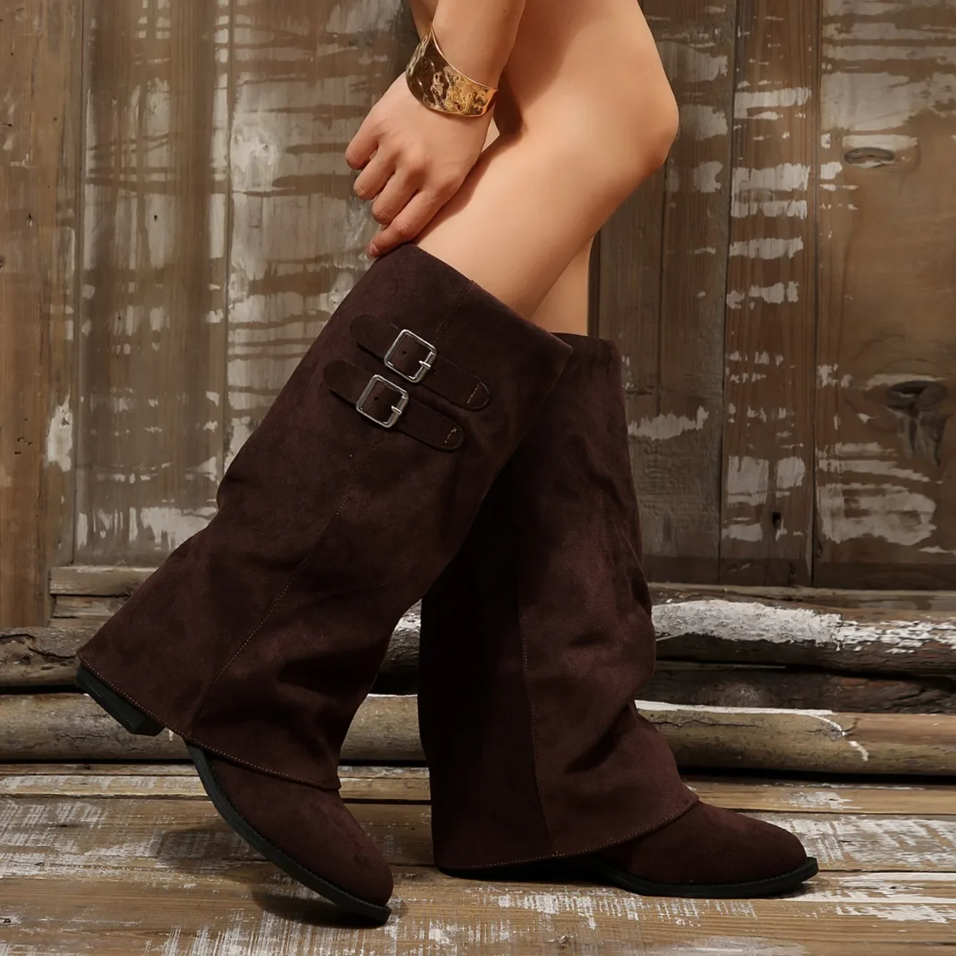 Frühling Herbst Neue Retro Runde Zehe Damen Kniehohe Stiefel 2026 Mode Schnallendekor Einfache Lässige Tägliche Outdoor Damenschuhe – Detail 13