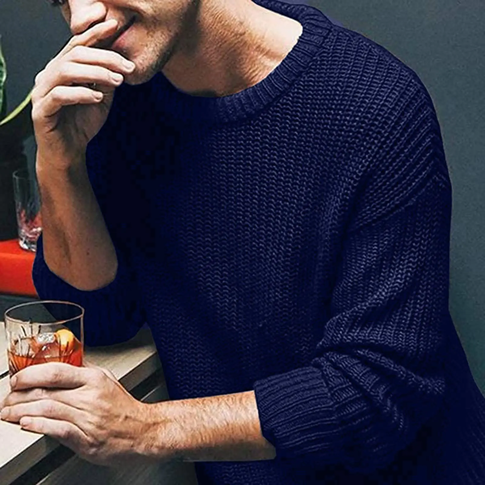 

Knitted Striped Solid Color Pullover Men'S Round Neck Long Sleeved Sweater Winter Outdoor Warm Hoodie Men'S Sweater