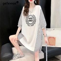 Women Korean Fashion Striped Print Patchwork Embroidery Mini Dress Summer Y2K Oversized Streetwear Casual Dresses Ropa De Mujer