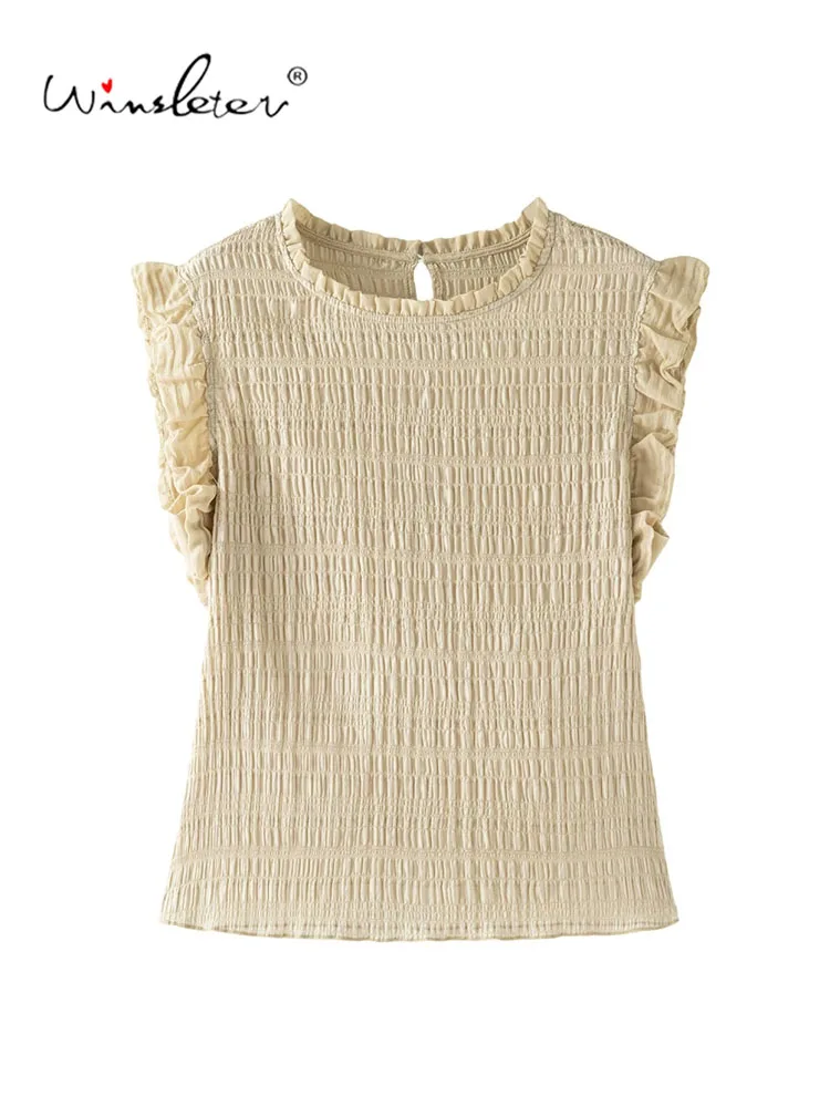 Winsleter-93%Silk 7%Spandex Elegant T-Shirt, O Neck Flying Sleeve Folds, Women Commute Chic Loose Top, 2026 Autumn New T68701CC