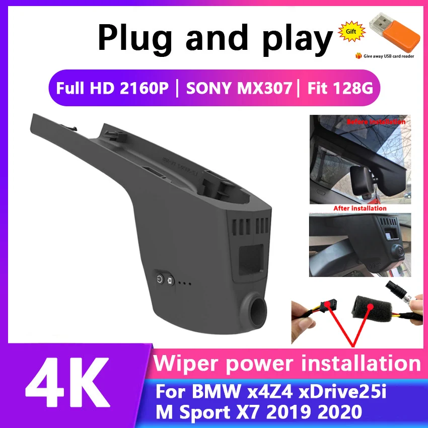 

Автомобильный видеорегистратор FULL HD 4K 2160P Plug and play, Wi-Fi, видеорегистратор, камера для BMW x4 Z4 xDrive25i M Sport X7 2019 2020-2022