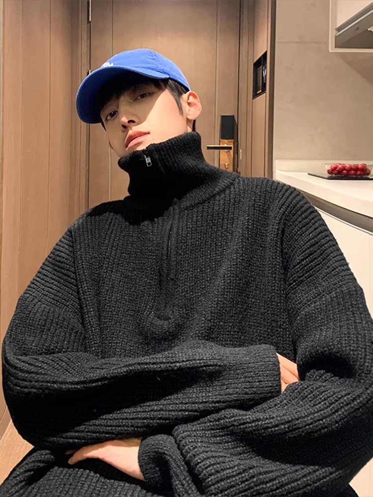 

Мужской свитер с высоким воротником, свободного кроя, зимний, повседневный, из пряжи средней плотности, с широкими плечами, длинный рукав