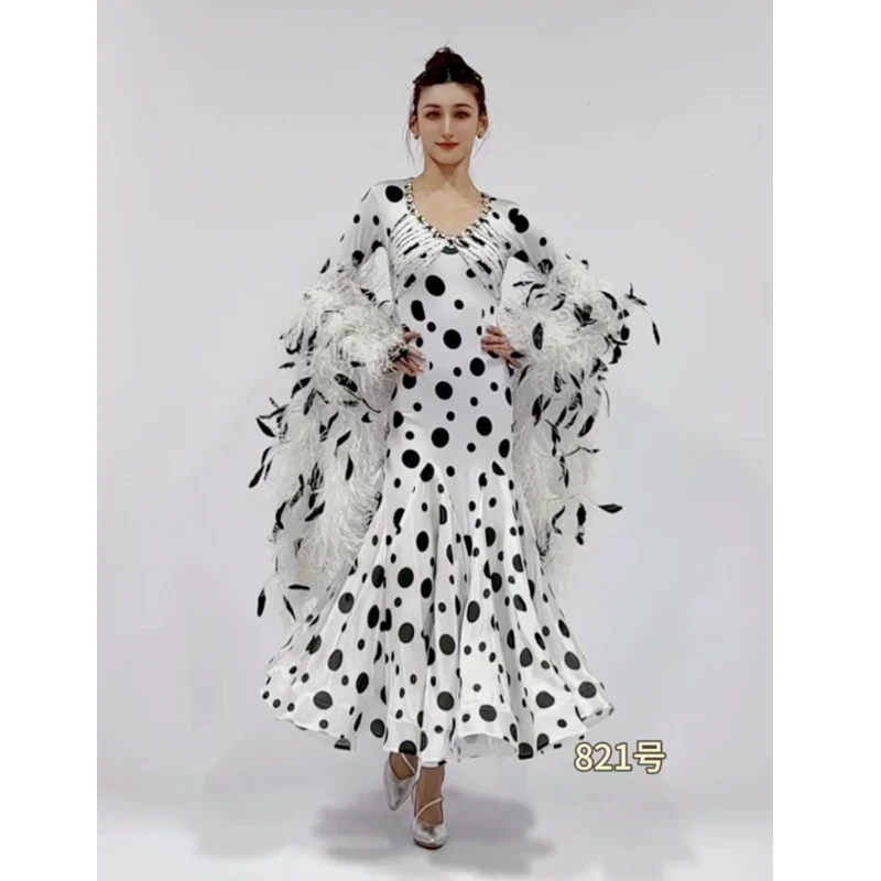 New Ballroom Dance Competition Feather Dress Polka Dot Long Dress Women Club Prom Performance Wear Waltz Dance Dresses BL15994