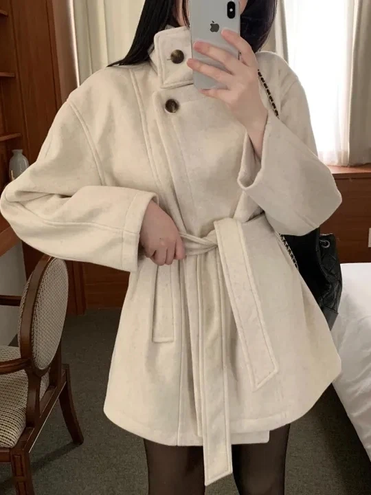 

Retro High Collar Briti Sle Women's Coat Casual Woolen Windbreaker Waist Cinched Belted Long Sve Pure Color Outerwear