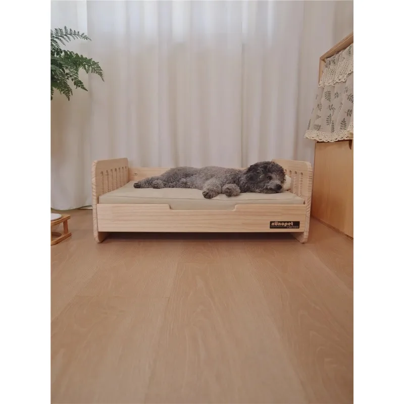 Pet Bed with Durable Wooden Frame, Scratch-resistant Canvas Mat and Four-season Mattress for Small Dogs and Cats