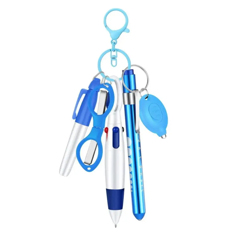 6-in-1 Multifunction Retractable Ball Pen Set Flashlight Foldable Scissors Ballpoint Pen Keychain Nurse Pens Permanent Marker