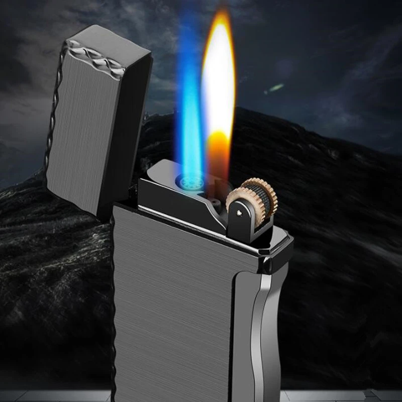 Creative Double Fire Switch Gas Lighter Metal Windproof Sand Wheel Inflatable Windproof Lighter Men Smoking Gifts