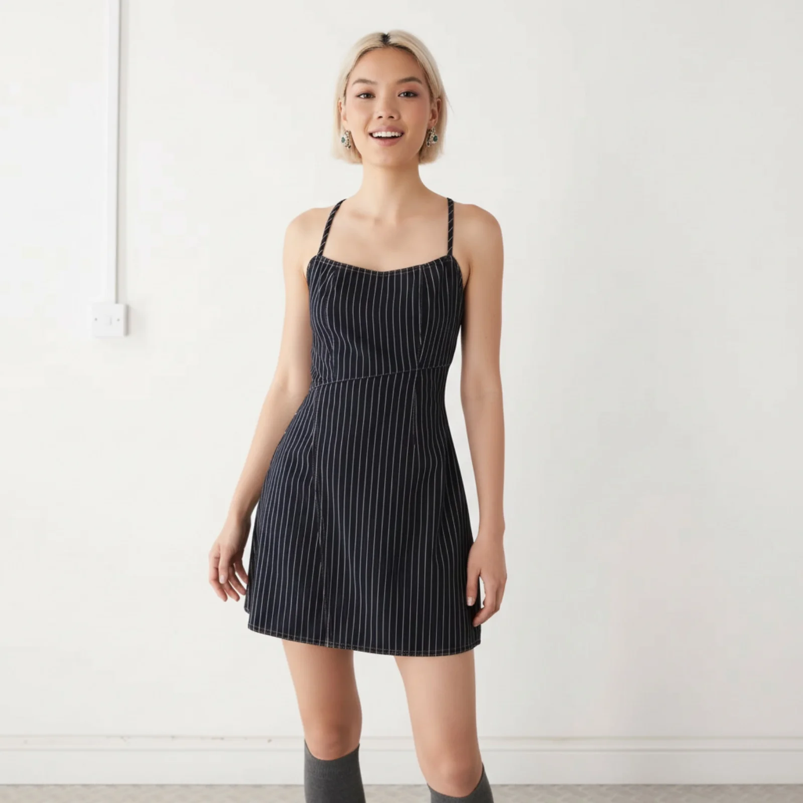 Vrouwen spaghetti mouwloze zomer mini-jurk gestreepte print backless denim cami-jurken streetwear