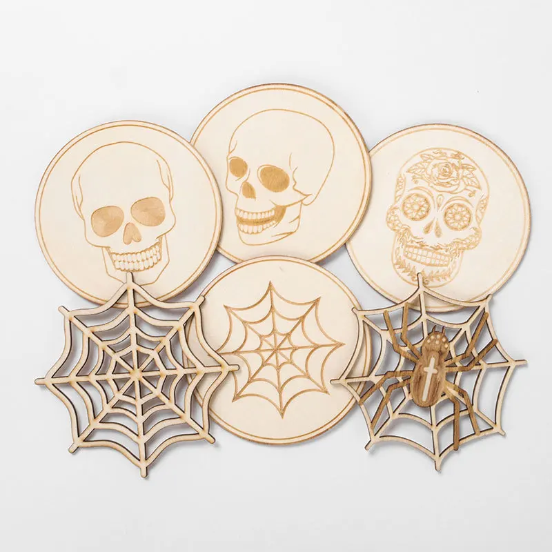 Halloween Spooky Pumpkin Felt Coasters Spider Web Skull Wooden Carving Heat Protecting Non-Slip Decorative Coaster Home Mats