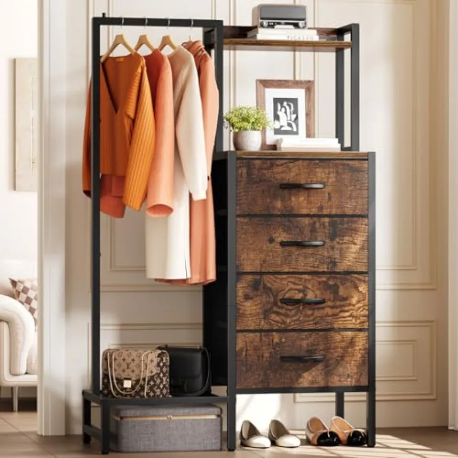 

Dresser with Hanging Rack - Small Closet with 4 Fabric Storage Drawers, 44"H Dresser with Clothes Rack, Chest of Drawer, Dresse