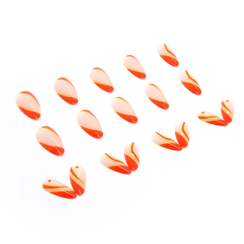 24pcs Simple French Orange Press on Nails with Glue Almond Shape Cheap Nail Tips Full Set Medium Long False Nails for Girls 2024