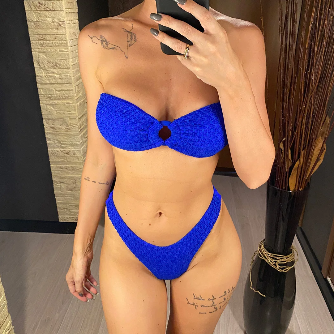 Sexy, geraffter Bandeau-Bikini, trägerloses Damen-Badeoutfit, zweiteiliger Bikini, Badeanzug, Damen-Badebekleidung, V3367L – Detail 7