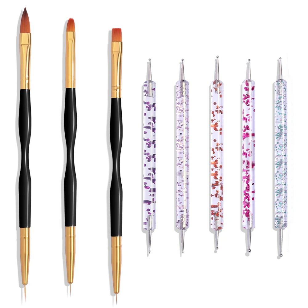 8Pcs Nail Art Brush Design Tip Painting Drawing Carving Dotting Pen FlatFan Liner Acrylic Gel UV Polish Manicure Tools
