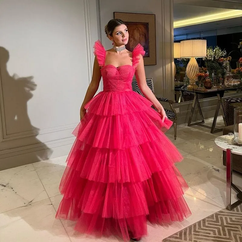 Hot Pink Tiered Tulle Party Dresses Sweetheart Backless Ruched Mesh Prom Gowns Pretty Maxi Dress Garden Bridal Dress