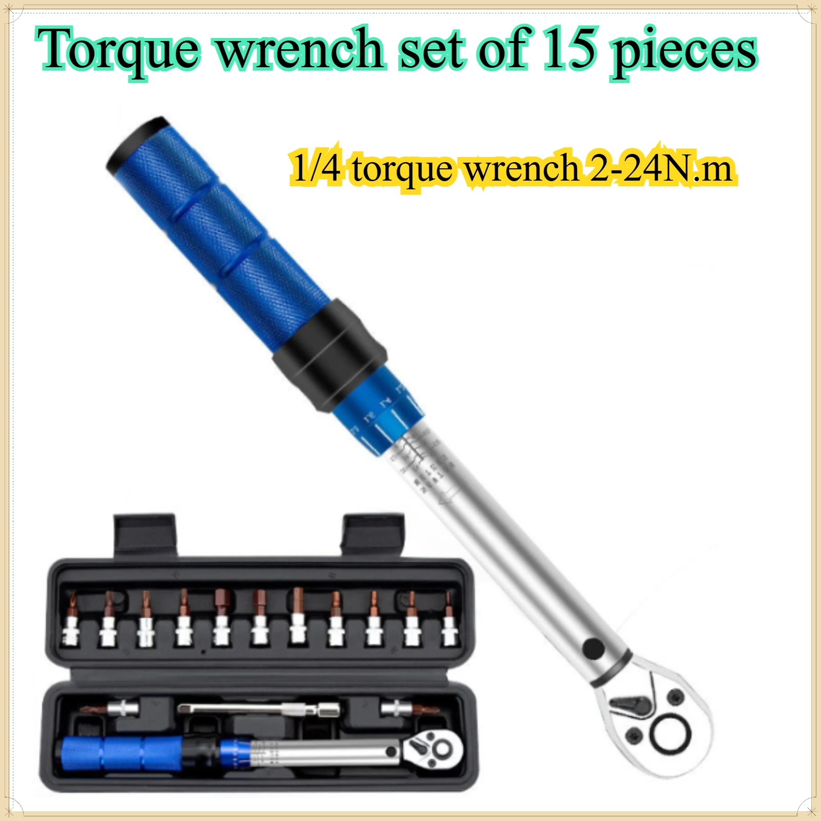 1/4 Drive Torque Wrench Kit 15PCS 2-24Nm Adjustable Preset Ratchet Wrench High Precision Quick Release Hand Tool for Machinery