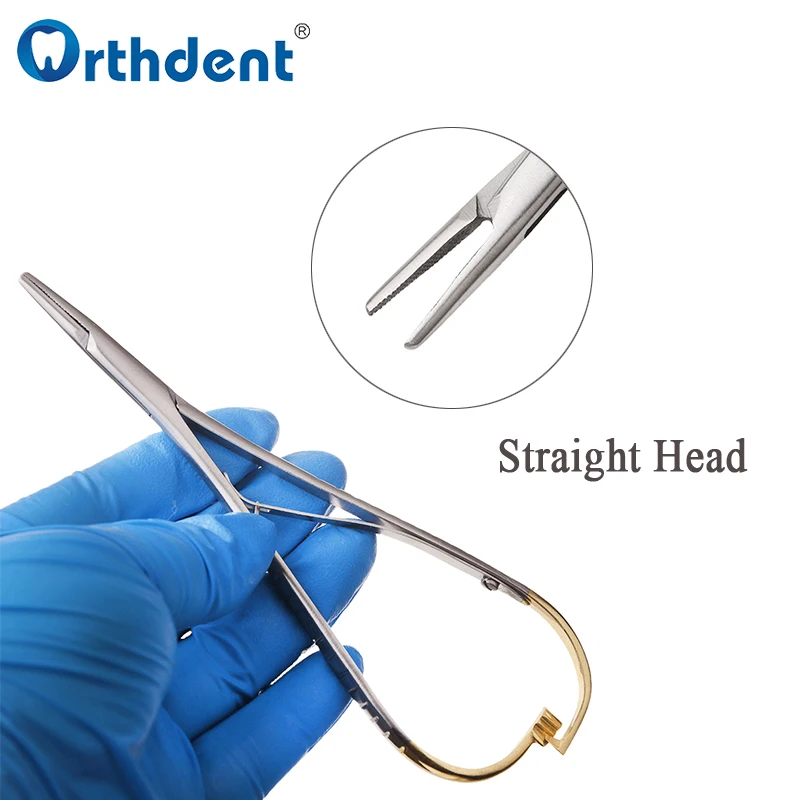 Dental Needle Holder Forceps Straight Head Curved Gold Plated Handle Stainless Steel Orthodontic Plier Dentistry Lab Instrument