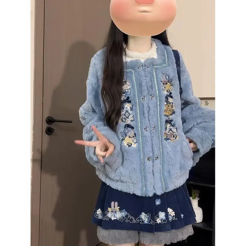 

Комплект из 3 предметов: Новая милая плюшевая куртка и кюлоты в стиле милого зайчика, теплый и универсальный синий комплект для студентов